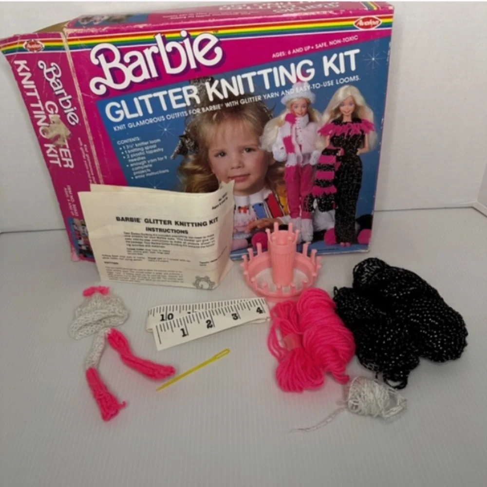 Vtg 1986 Barbie Glitter Knitting Kit Make Doll Clothes with Instructions Girls
